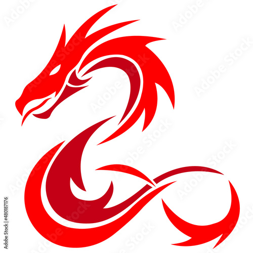 The silhouette of the dragon is painted in red drawn with different lines. Fabulous animal dragon logo. Vector isolated illustration for design