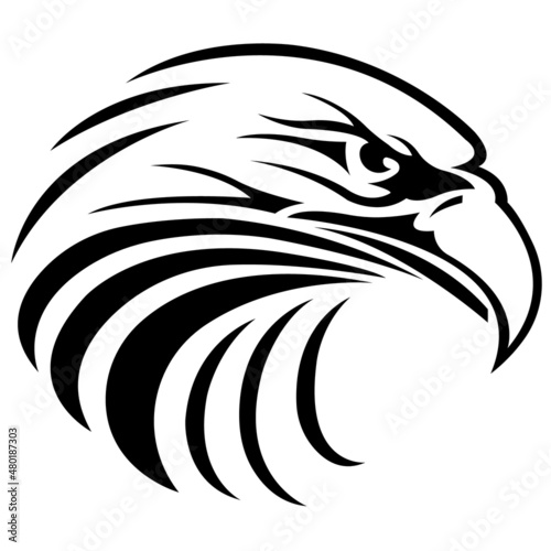 The silhouette of the muzzle of an eagle is black, painted with different lines. Design for a logo, tattoo, mascot, emblem, keychain, paper, postcard, book, print on clothes. Vector isolated