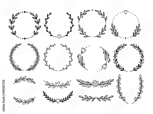 Set of laurel wreath. Collection of floral frame with leaves. Design for wedding invitation. Decorative natural elements. Vector illustration of laurel branches on white background.