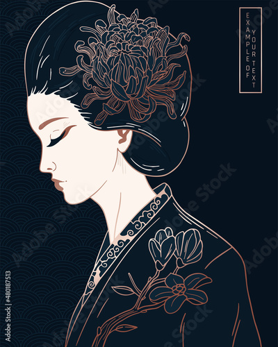 portrait of female profile in tradition east clothes with flower. black, gold and white