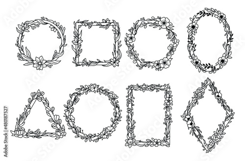 Set of floral frames. Collection of beautiful floral arrangements with spring branches. Botany. Wedding flowers frame. Vector illustration  for a decorative postcard.