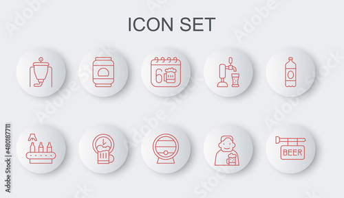 Set line Street signboard with Beer, Conveyor band, beer, Saint Patricks day calendar, Happy man, brewing process, can, hour and Wooden barrel rack icon. Vector