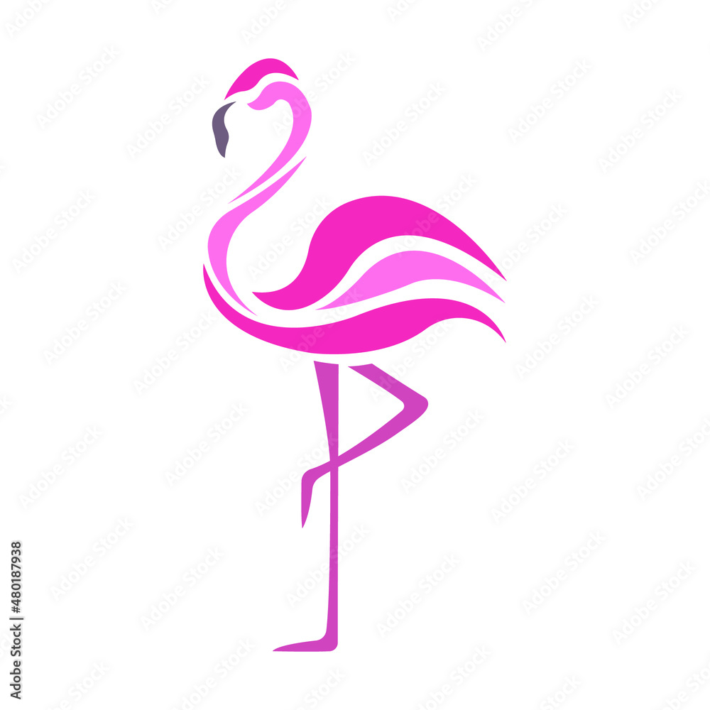 Naklejka premium Pink flamingo bird silhouette drawn on a white isolated background. Minimalism style. Tattoo, logo for a company, travel agency, emblem for fashion design, dishes, scrapbook, paper. Vector