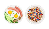 Breakfast meal dishes set. Fried eggs with vegetables and sausages, cereal and milk with berries served on plates vector illustration