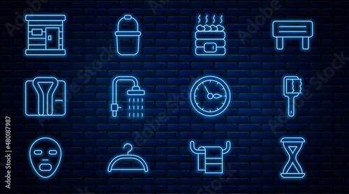 Set line Sauna hourglass, brush, Hot sauna stones, Shower, Bathrobe, wooden bathhouse, clock and bucket icon. Vector