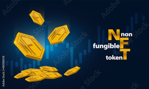 NFT golden coins fall. Non fungible tokens with blue background and graph.Cryptocurrency coins.Digital exchange.