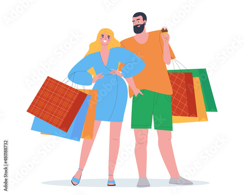 Beautiful couple with a bunch of packages. Valentine's Day celebration. Big purchases honor the holiday. Flat vector illustration.
