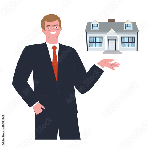 Business man in a suit. The realtor shows the house. Business real estate. Flat vector illustration