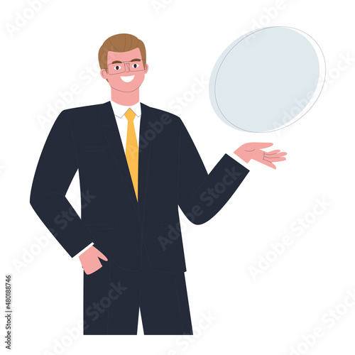 Business man in a suit. Businessman offers. Place for text.  Vector flat illustration