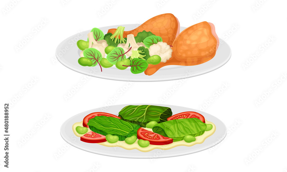 Nutritious tasty dishes served on plates set. Fried drumsticks and vegetables cartoon vector illustration