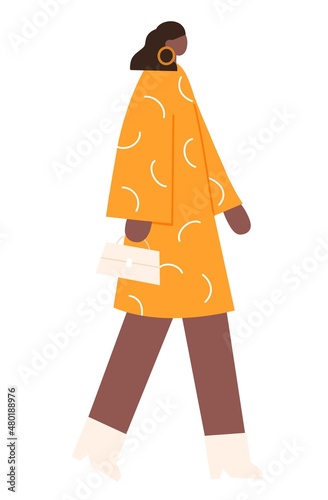 Elegant woman walking, wearing dress, heeled shoes and accessories. Modern female strolling with bag in hand. Side view of faceless lady going. Flat illustration isolated on white background