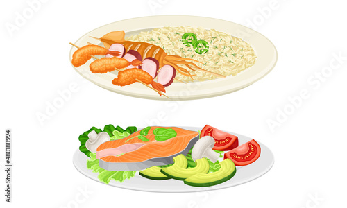 Nutritious tasty dishes served on plates set. Seafood with rice and vegetables cartoon vector illustration