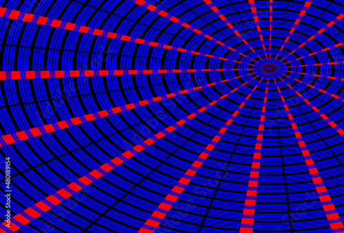 Illustration, Circle spiral graphic glowing blue, pink line on black background.
