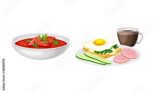 Nutritious tasty dishes served on plates set. Bowl of tomato soup  sandwich with egg  sausage and cup of coffee cartoon vector illustration