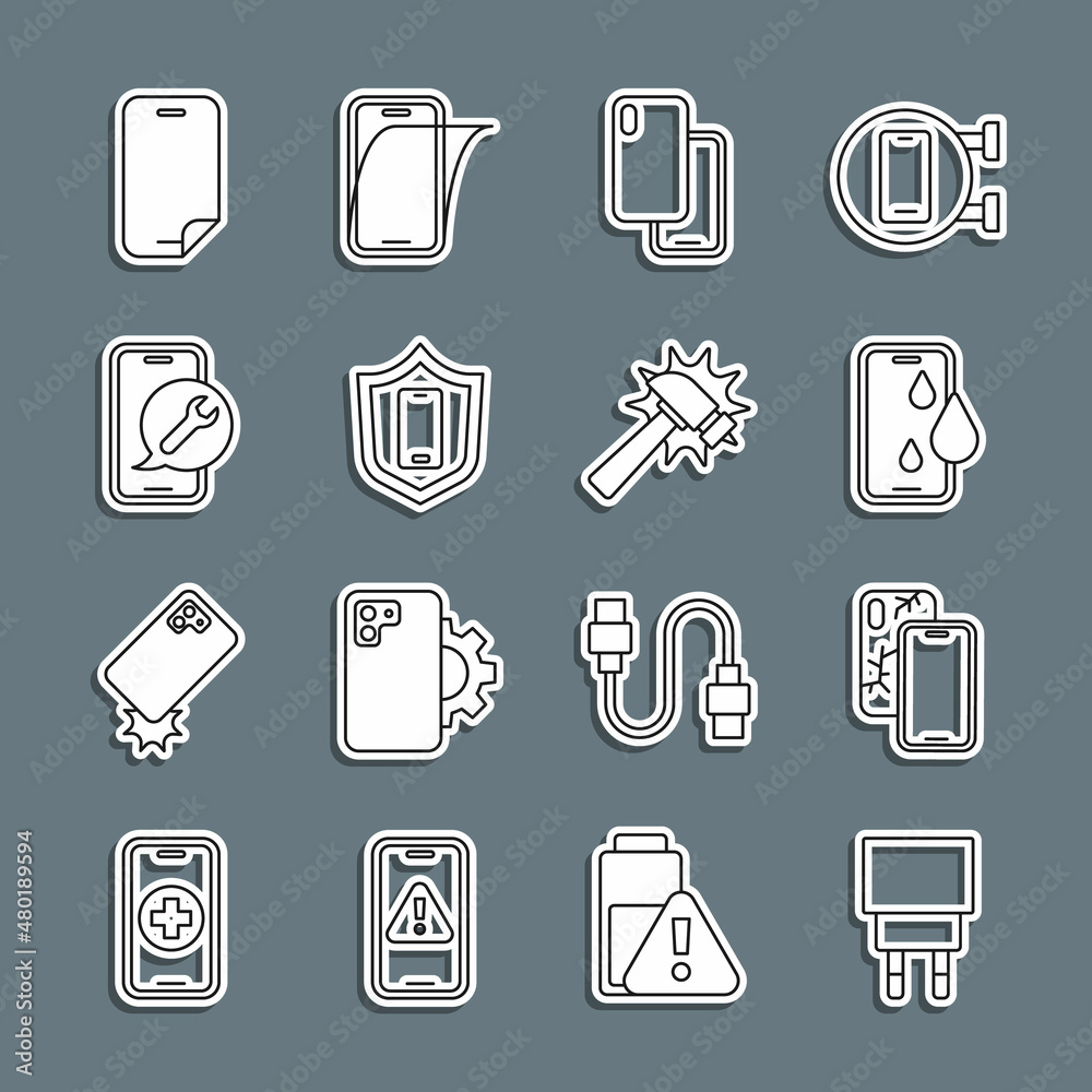 Set line Charger, Mobile with broken screen, Waterproof phone, Smartphone, shield, service, Glass protector and Hammer icon. Vector Set line Charger, Mobile with broken screen, Waterproof phone, Smartphone, shield, service, Glass protector and Hammer icon. Vector