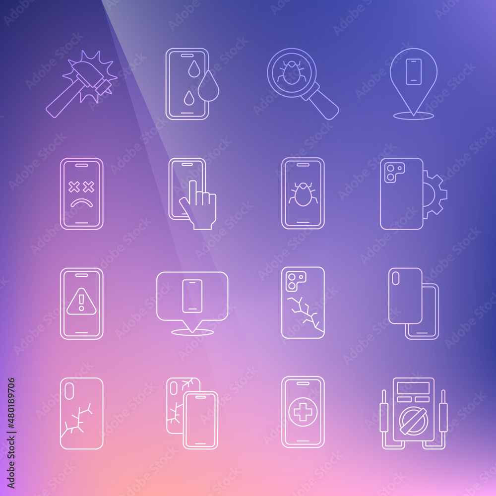 Set line Multimeter, Smartphone, Phone repair service, System bug, Dead mobile, Hammer and icon. Vector Set line Multimeter, Smartphone, Phone repair service, System bug, Dead mobile, Hammer and icon. Vector