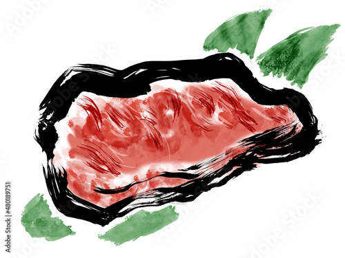 生の牛ステーキ塊肉の和風手描き筆描きイラスト
