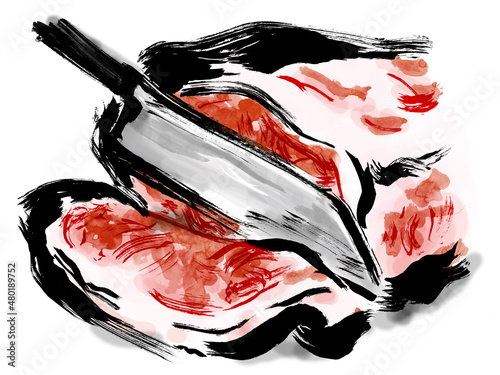 生の牛ステーキ塊肉の和風手描き筆描きイラスト　切っている