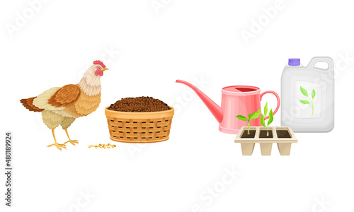Organic fertilizers for gardening, farming and agriculture industry set. Chicken manure and bag of mineral fertilizers vector illustration