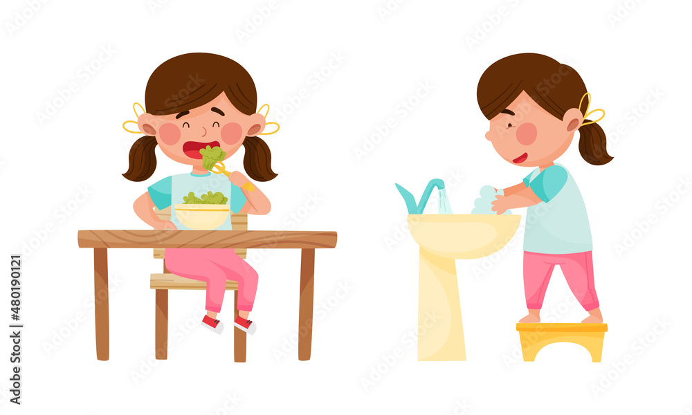Cute girl daily routine activities set. Child having breakfast and washing dishes cartoon vector illustration Cute girl daily routine activities set. Child having breakfast and washing dishes cartoon vector illustration