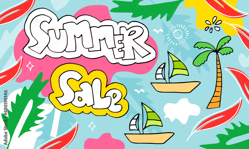 Summer sale banner template with doodle style. An abstract summer with palm leaves and doodle element. Promo badge for your seasonal designs. Summer sale banner template with doodle style. An abstract summer with palm leaves and doodle element. Promo badge for your seasonal designs.