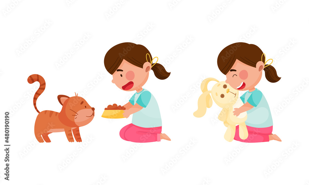 Cute girl daily routine activities set. Child feeding her kitten and playing toy bunny cartoon vector illustration Cute girl daily routine activities set. Child feeding her kitten and playing toy bunny cartoon vector illustration