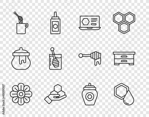Set line Flower, Honeycomb, online service, and hand, dipper stick with honey, Jar of and Hive for bees icon. Vector