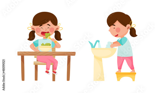 Cute girl daily routine activities set. Child having breakfast and washing dishes cartoon vector illustration