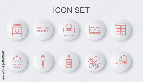 Set line Honeycomb and hand, Jar of honey, Beekeeper with protect hat, honeycomb, Hanging sign, dipper stick and icon. Vector