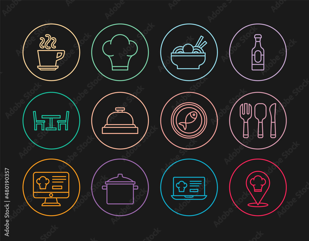 Set line Chef hat with location, Fork, spoon and knife, Asian noodles in bowl, Hotel service bell, Wooden table chair, Coffee cup, Served fish plate and icon. Vector