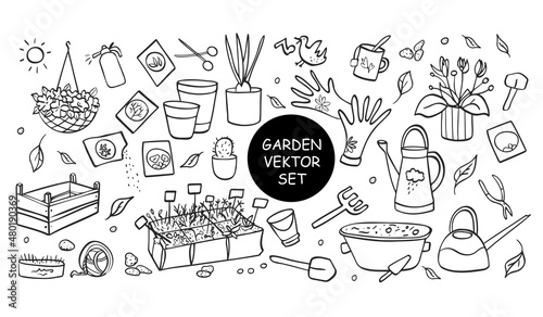 Garden doodle set. Outline vector Illustration, gardening and horticulture. Home Agriculture equipment.  Set of garden and flower related doodle illustration such as shovel, watering can.