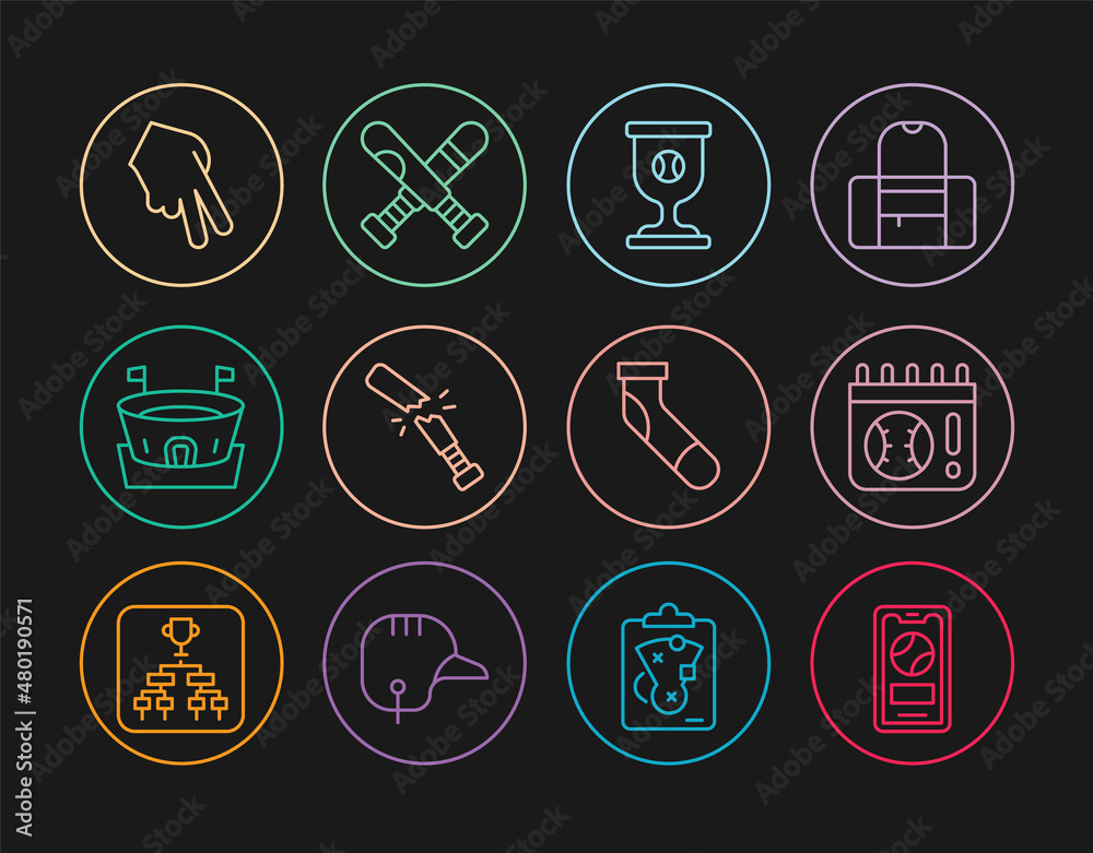 Set line Mobile with baseball ball, Calendar game, Award cup, Broken bat, Baseball arena, glove, sock and Crossed icon. Vector Set line Mobile with baseball ball, Calendar game, Award cup, Broken bat, Baseball arena, glove, sock and Crossed icon. Vector