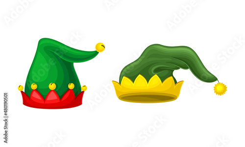 Carnival festive headgears set. Christmas elf caps cartoon vector illustration
