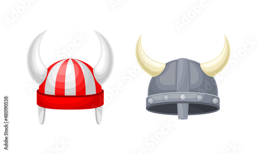 Carnival festive funky headgears set. Horned viking hats cartoon vector illustration