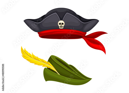 Carnival festive headgears set. Robin Hood and pirate hats cartoon vector illustration