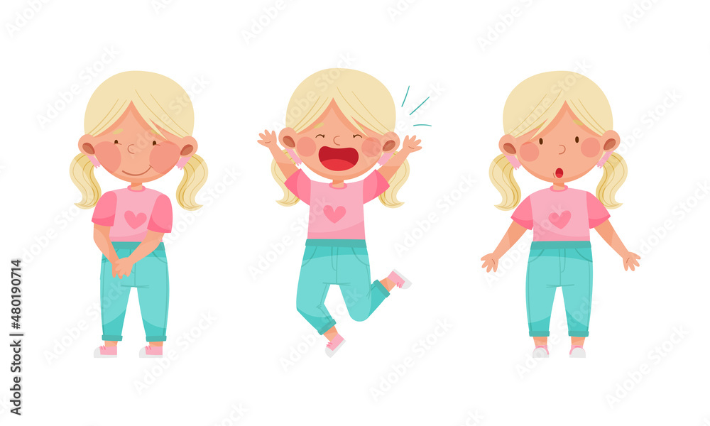 Adorable blonde girl showing different emotions set. Cute kid with smiling, happy, curious face expression cartoon vector illustration