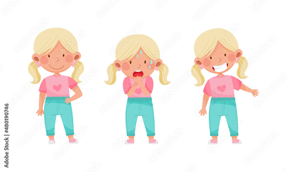Adorable blonde girl showing different emotions set. Cute kid with cheerful, scared, smiling face expression cartoon vector illustration Adorable blonde girl showing different emotions set. Cute kid with cheerful, scared, smiling face expression cartoon vector illustration