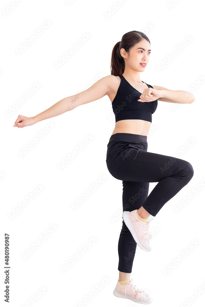 Southeast Asian woman wearing black exercise clothes is doing aerobics. isolated on a white background Southeast Asian woman wearing black exercise clothes is doing aerobics. isolated on a white background