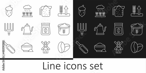 Set line Coffee beans, Bag flour, Measuring cup, Watering can, Garden pitchfork, Acorn, oak nut, seed, coffee and Plant sprouts grow the rain icon. Vector