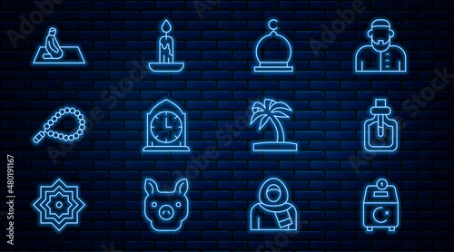 Set line Donate or pay your zakat, Perfume, Muslim Mosque, Clock, Rosary beads religion, man prays, Tropical palm tree and Burning candle icon. Vector