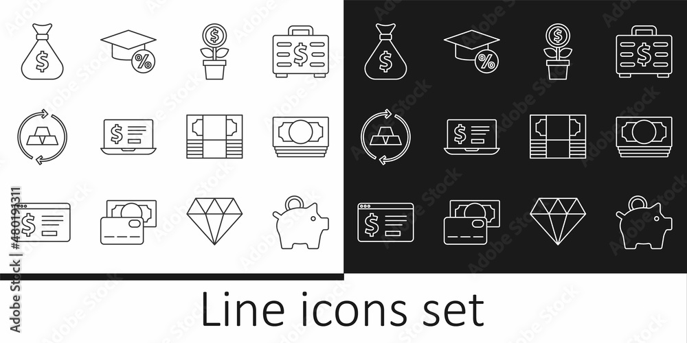 Set line Piggy bank, Stacks paper money cash, Dollar plant, Laptop with dollar, Gold bars, Money bag, and Graduation cap and coin icon. Vector