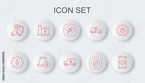 Set line Bio fuel barrel, Gear and lightning, Electric plug, Location with leaf, car, Nuclear power plant, and icon. Vector