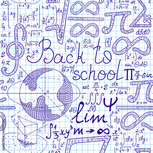 Mathematical vector seamless pattern with geometrical figures, plots and equations, "handwritten on the grid copybook paper". Endless mathematical texture