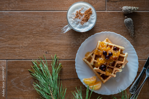 winter good breakfast in the morning Viennese waffles coffee cappuccino