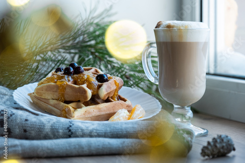 winter good breakfast in the morning Viennese waffles coffee cappuccino