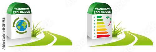 Ville verte, éco cité, aller vers la transition écologique, concept de ville écologique avec route et borne kilométrique.