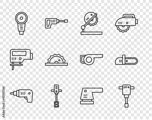 Set line Electric cordless screwdriver, Construction jackhammer, Table saw for woodwork, Electrical hand concrete mixer, Angle grinder, circular, sander and Chainsaw icon. Vector