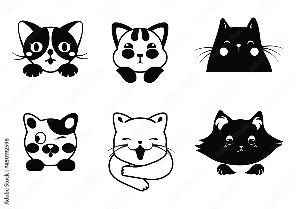 Set of funny cats. Collection of portraits of peeking cats. Playing pets. Spy animal. Cute paw pets. Vector illustration of pets. Tattoo. Set of funny cats. Collection of portraits of peeking cats. Playing pets. Spy animal. Cute paw pets. Vector illustration of pets. Tattoo.