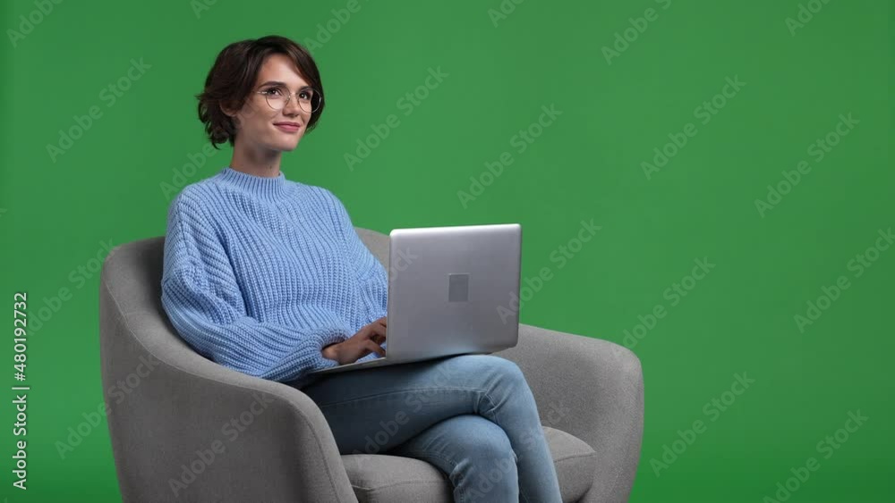 Lady sit furniture use netbook dream isolated vibrant color background