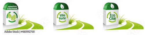 Ville verte, éco cité, aller vers la transition écologique, concept de ville écologique avec route et borne kilométrique.